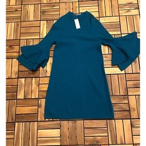 Anthropologie High Neck Dress Womens XXSmall Blue Bell Sleeve 70s Mini VIBE- NEW